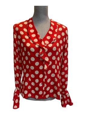 Ellen Tracy Red and White Polka Dot Ruffle Blouse